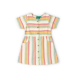 Cream Rainbow Button Through Short Sleeve Dress-Little Green Radicals-Modern Rascals