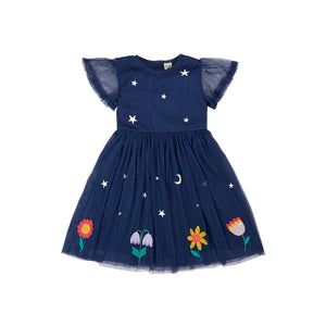 Navy Blue/Flowers Penny Applique Party Dress-Frugi-Modern Rascals