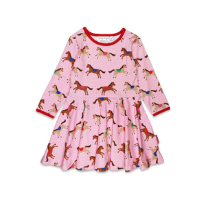 Pink Horse And Pony Print Long Sleeved Skater Dress-Toby Tiger-Modern Rascals