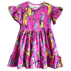 Purple Bird of Paradise Short Sleeve Skater Dress - 1 Left Size 8-10 years-Mullido-Modern Rascals