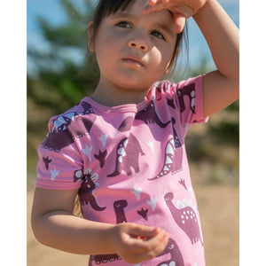 VIOLA Short Sleeve Tunic - Dinosaurs in Light Pink and Beetroot - 1 Left Size 9-10 years-PaaPii-Modern Rascals