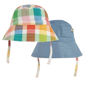 Frugi Reversible Hat in Rainbow Check/Chambray - 1 Left Size 8-10 Years