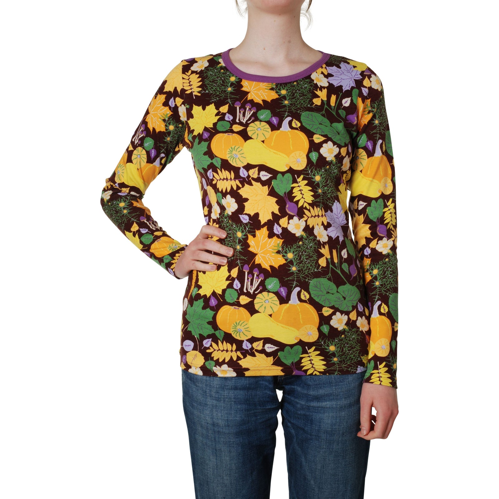 Adult's Autumn Flowers - Brown Long Sleeve Shirt - 1 Left Size S-Duns Sweden-Modern Rascals