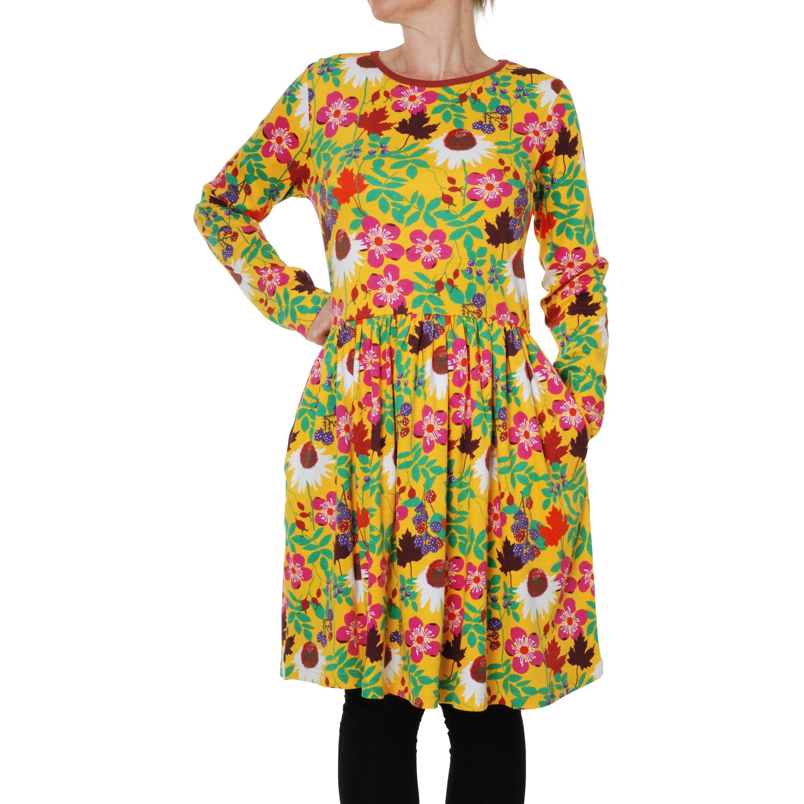 Adult's Autumn Flowers - Yellow Long Sleeve Dress With Gathered Skirt - 2 Left Size S & 4XL-Duns Sweden-Modern Rascals