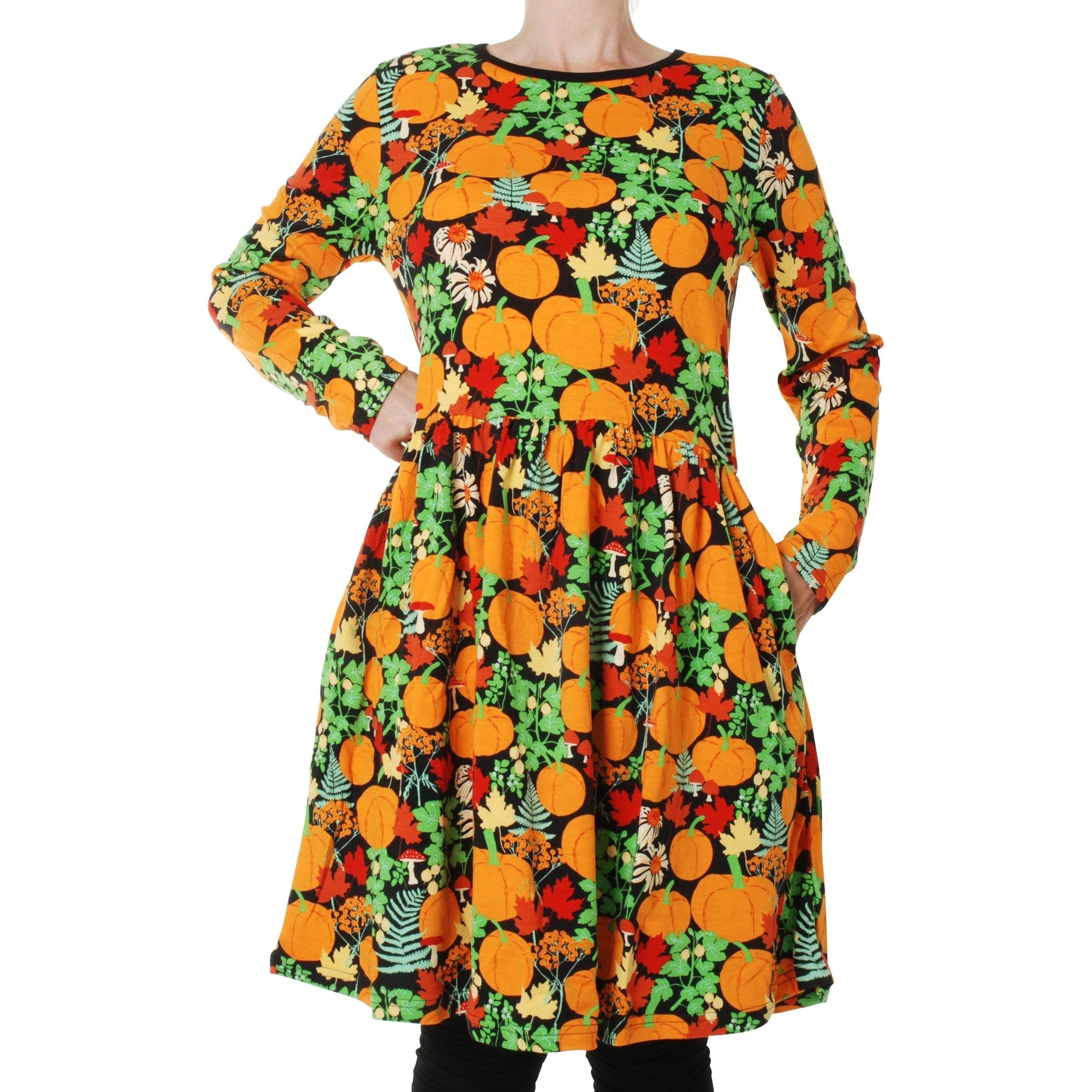 Adult's Autumn Garden - Black Long Sleeve Dress With Gathered Skirt - 2 Left Size L & 3XL-Duns Sweden-Modern Rascals