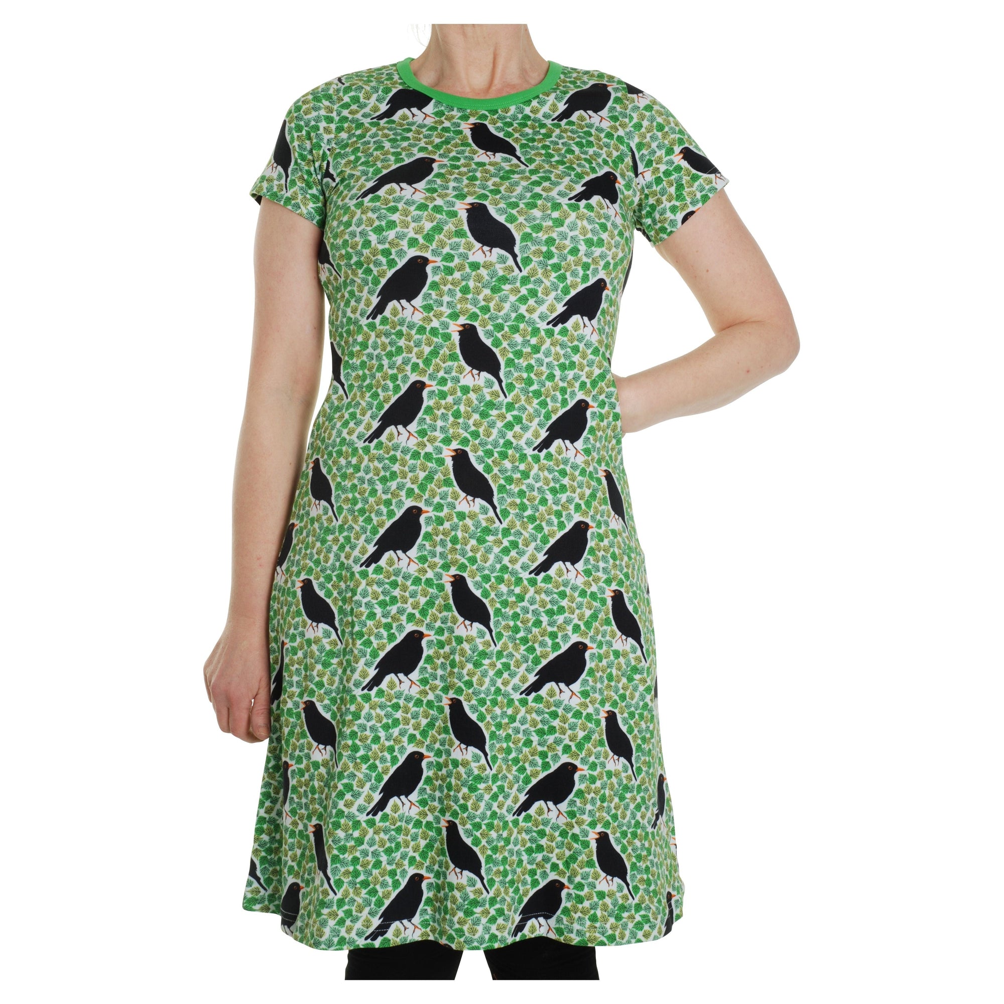 Adult's Black Bird - Green Short Sleeve A-Line Dress - 1 Left Size S-Duns Sweden-Modern Rascals