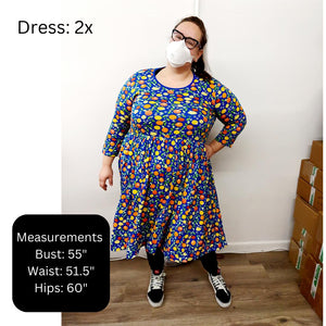 Adult's Flowers- Bay Green Long Sleeve Dress With Gathered Skirt - 2 Left Size S & 3XL-Duns Sweden-Modern Rascals