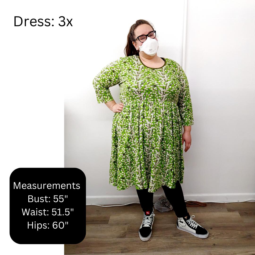 Adult's Flowers- Bay Green Long Sleeve Dress With Gathered Skirt - 2 Left Size S & 3XL-Duns Sweden-Modern Rascals
