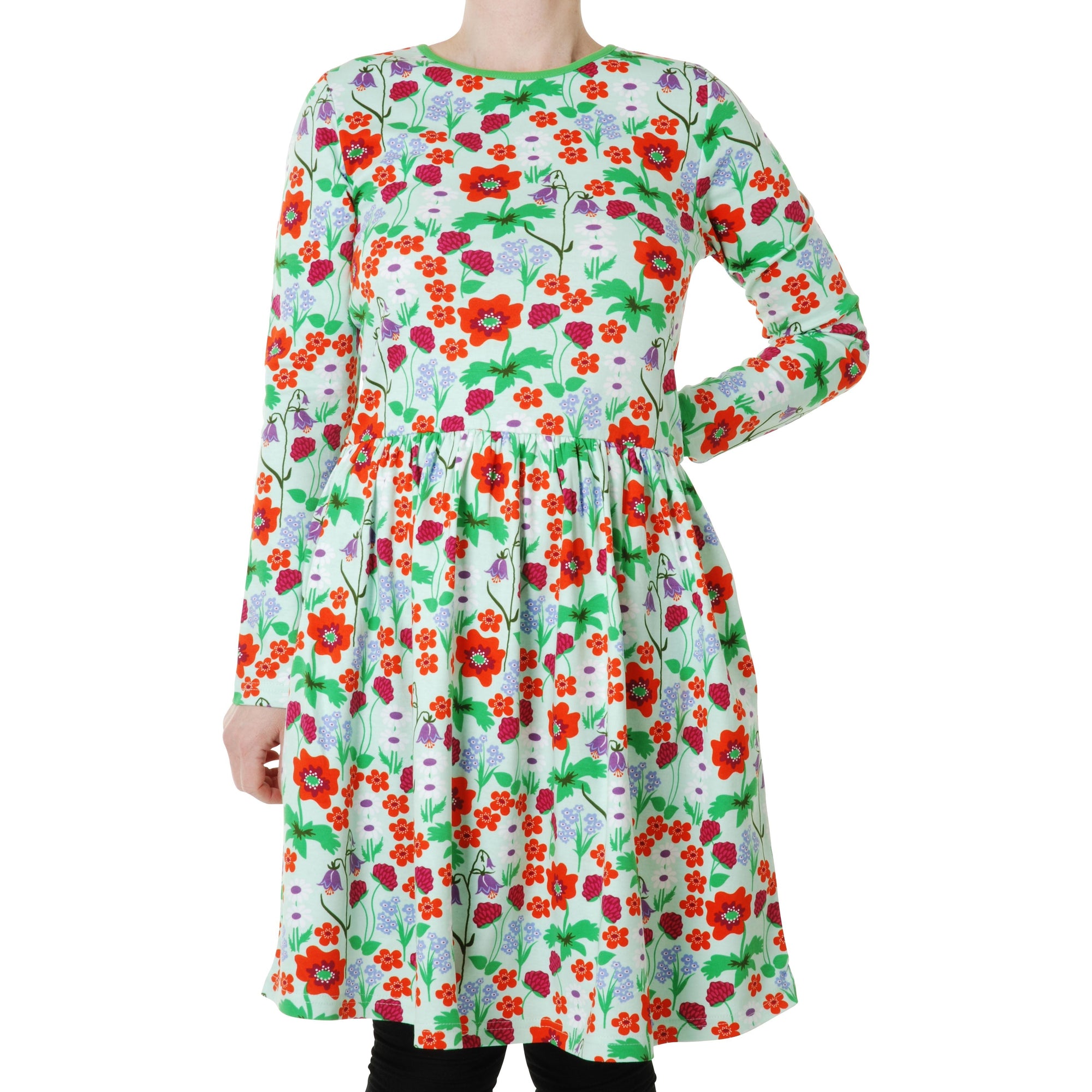 Adult's Flowers- Bay Green Long Sleeve Dress With Gathered Skirt-Duns Sweden-Modern Rascals