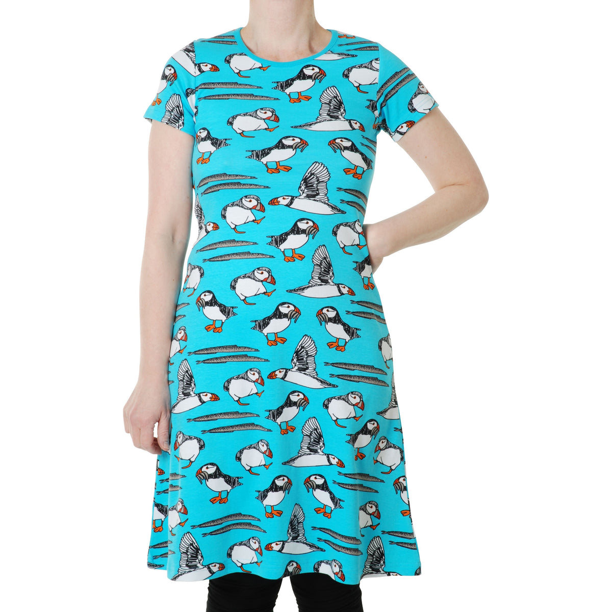 Adult's Puffins - Blue Atoll Short Sleeve A-Line Dress - 2 Left Size S-Duns Sweden-Modern Rascals