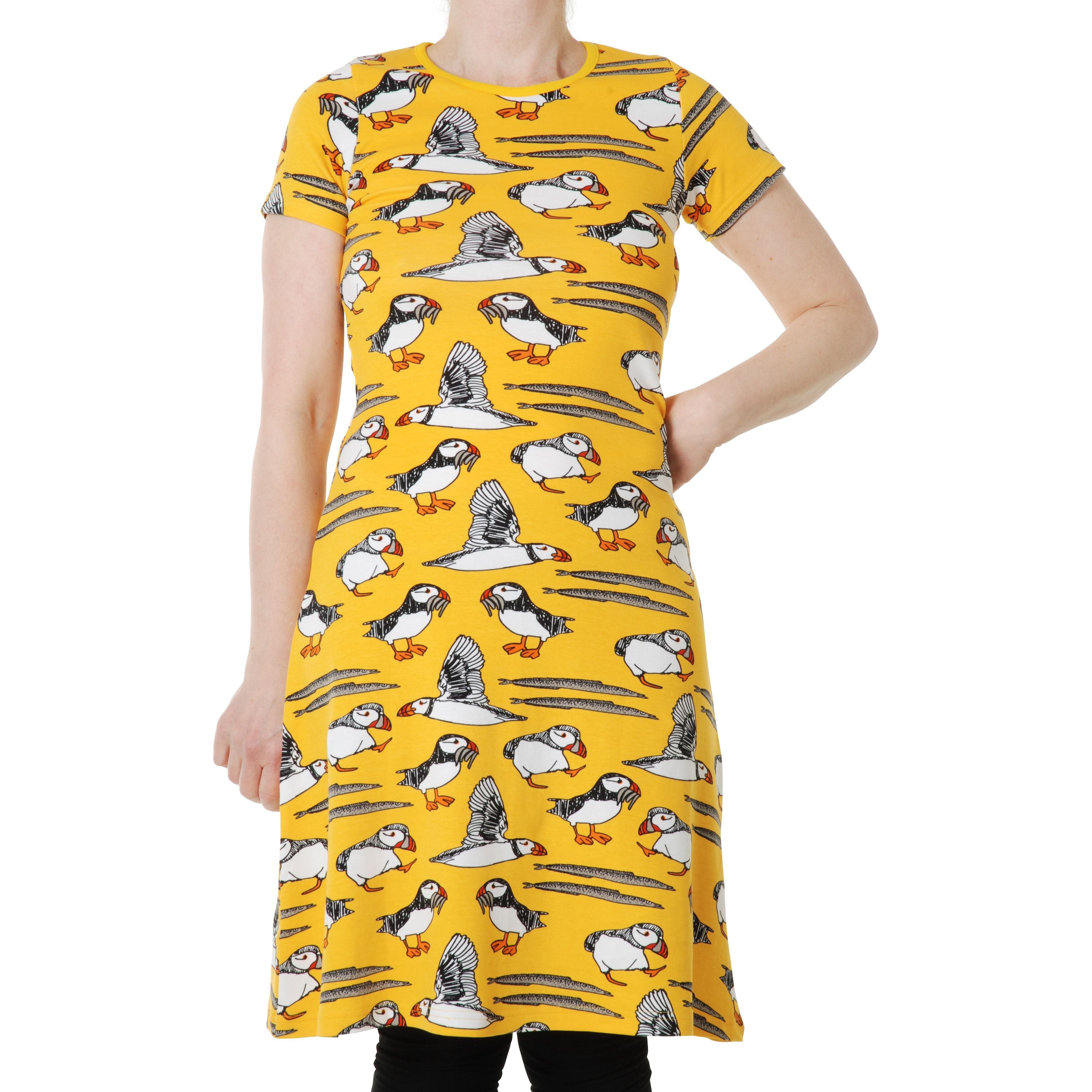 Adult's Puffins - Lemon Chrome Short Sleeve A-Line Dress by Duns