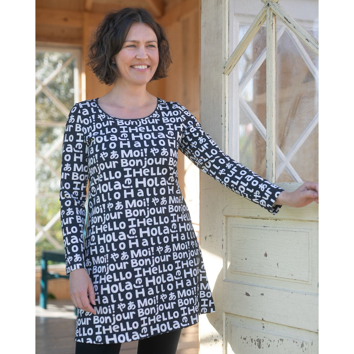 Adult's SUMU Tunic - Hello in Black and White-PaaPii-Modern Rascals