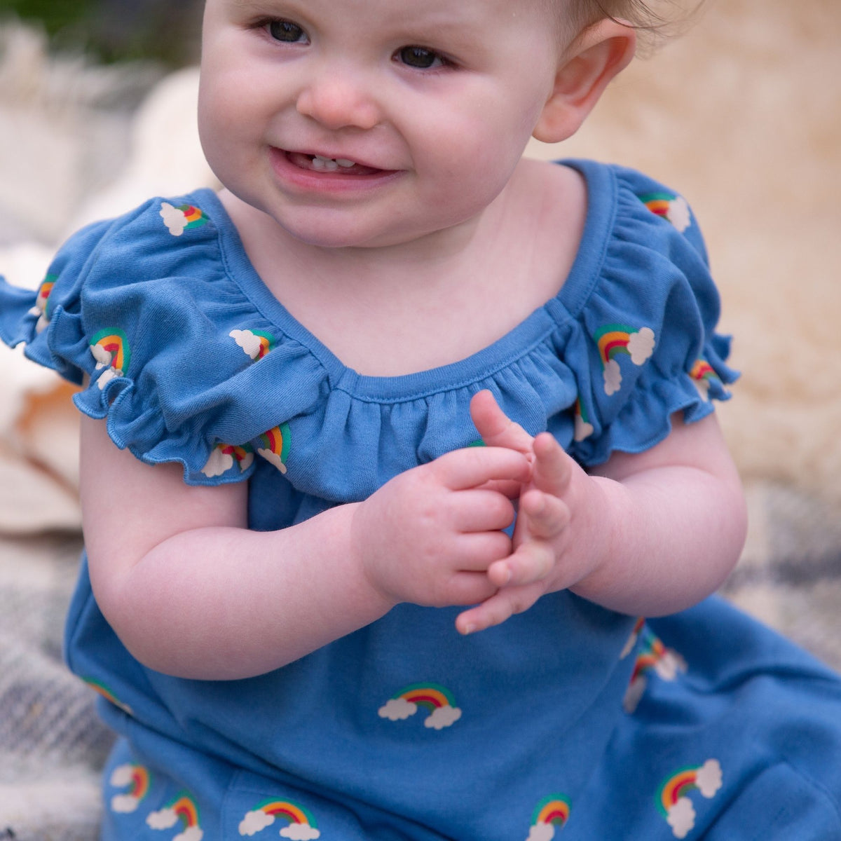 Blue Rainbows Frill Dress-Little Green Radicals-Modern Rascals