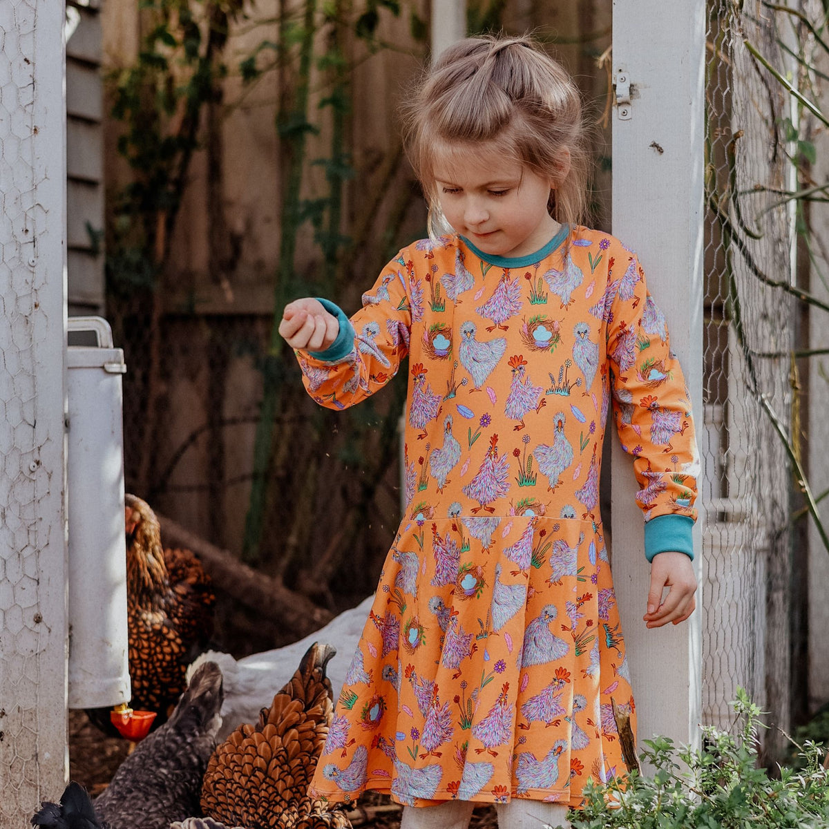 Chickens Long Sleeve Dress-Uddevalla Barn-Modern Rascals