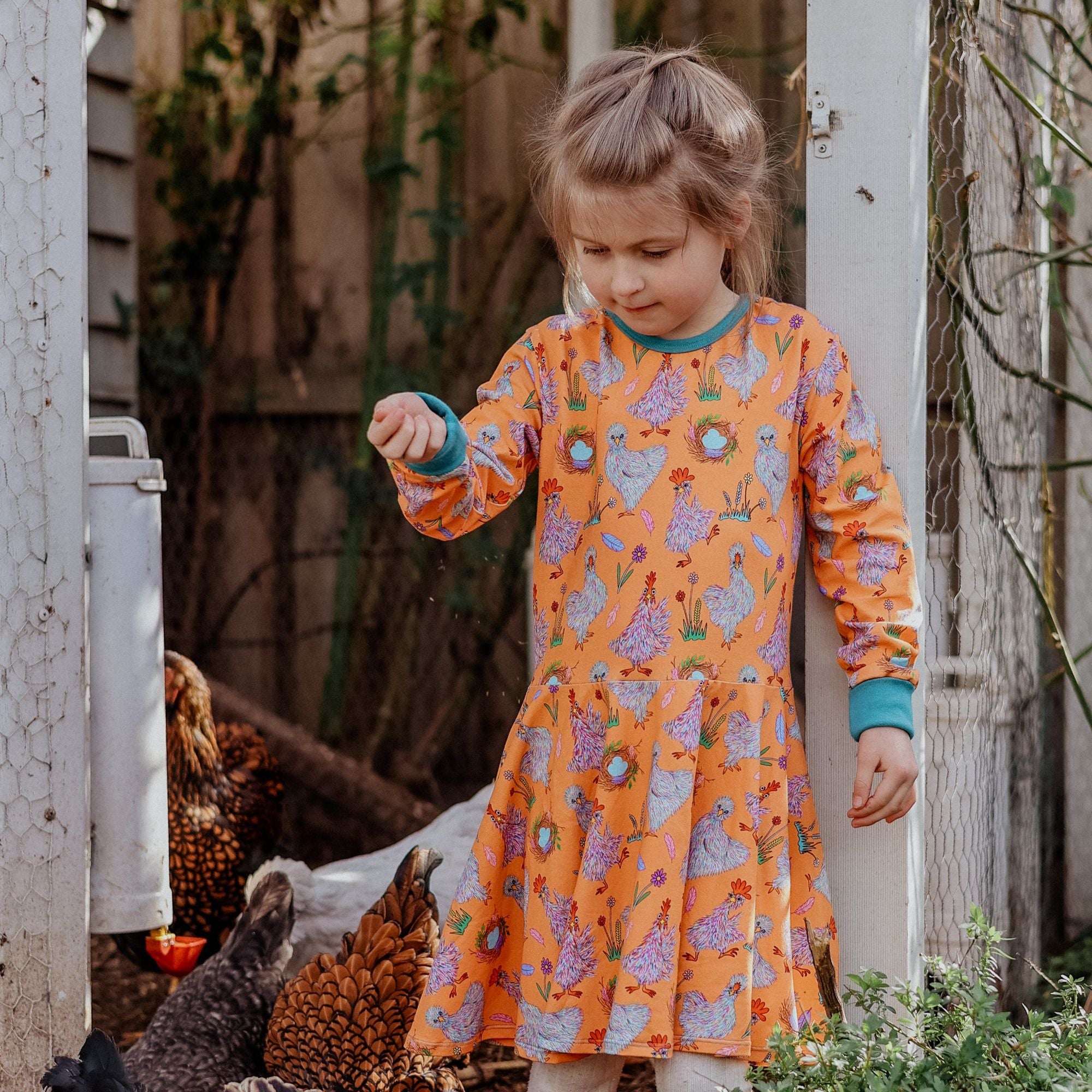Chickens Long Sleeve Dress by Uddevalla Barn Modern Rascals