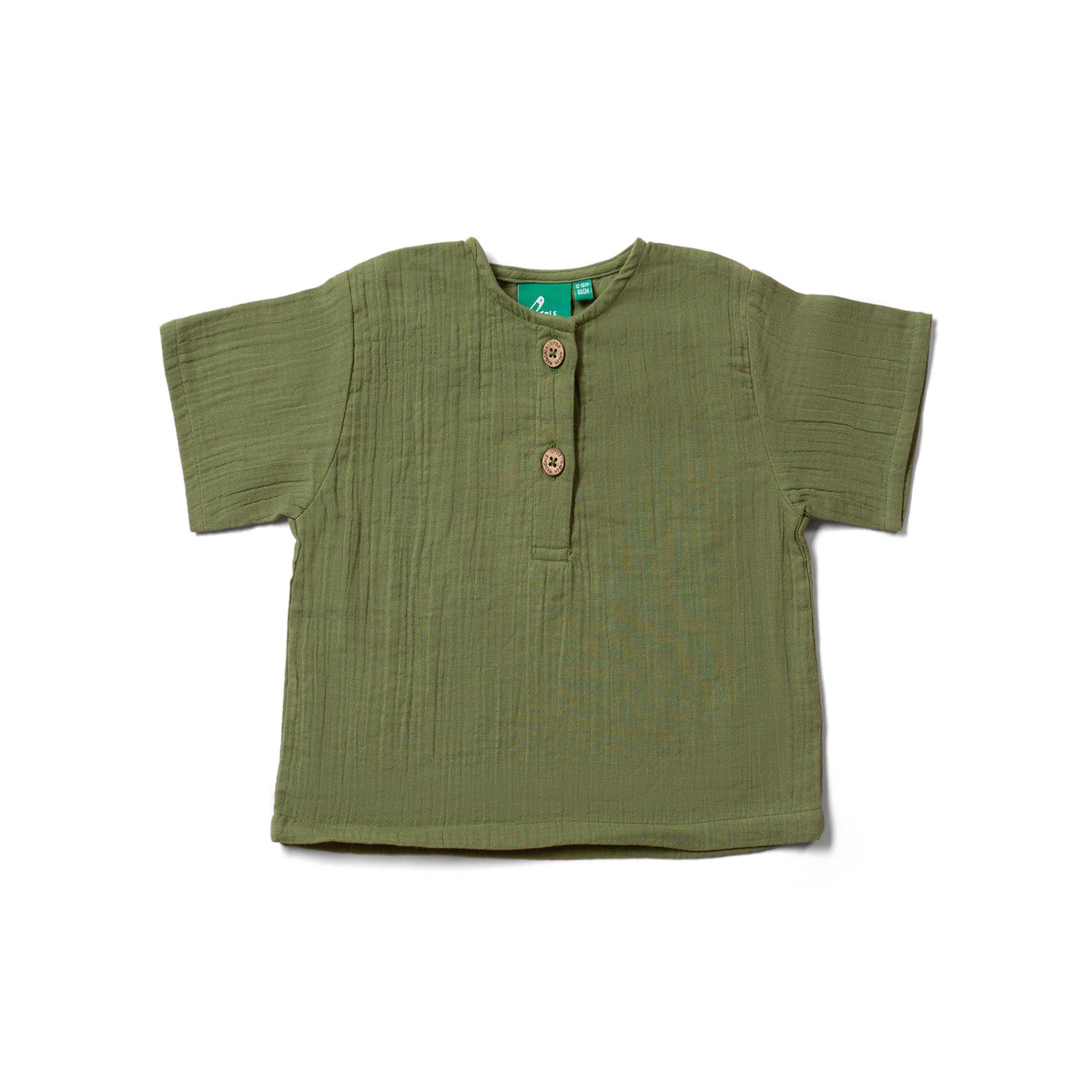 Chive Green Muslin Loose Fit Short Sleeve Henley Top-Little Green Radicals-Modern Rascals