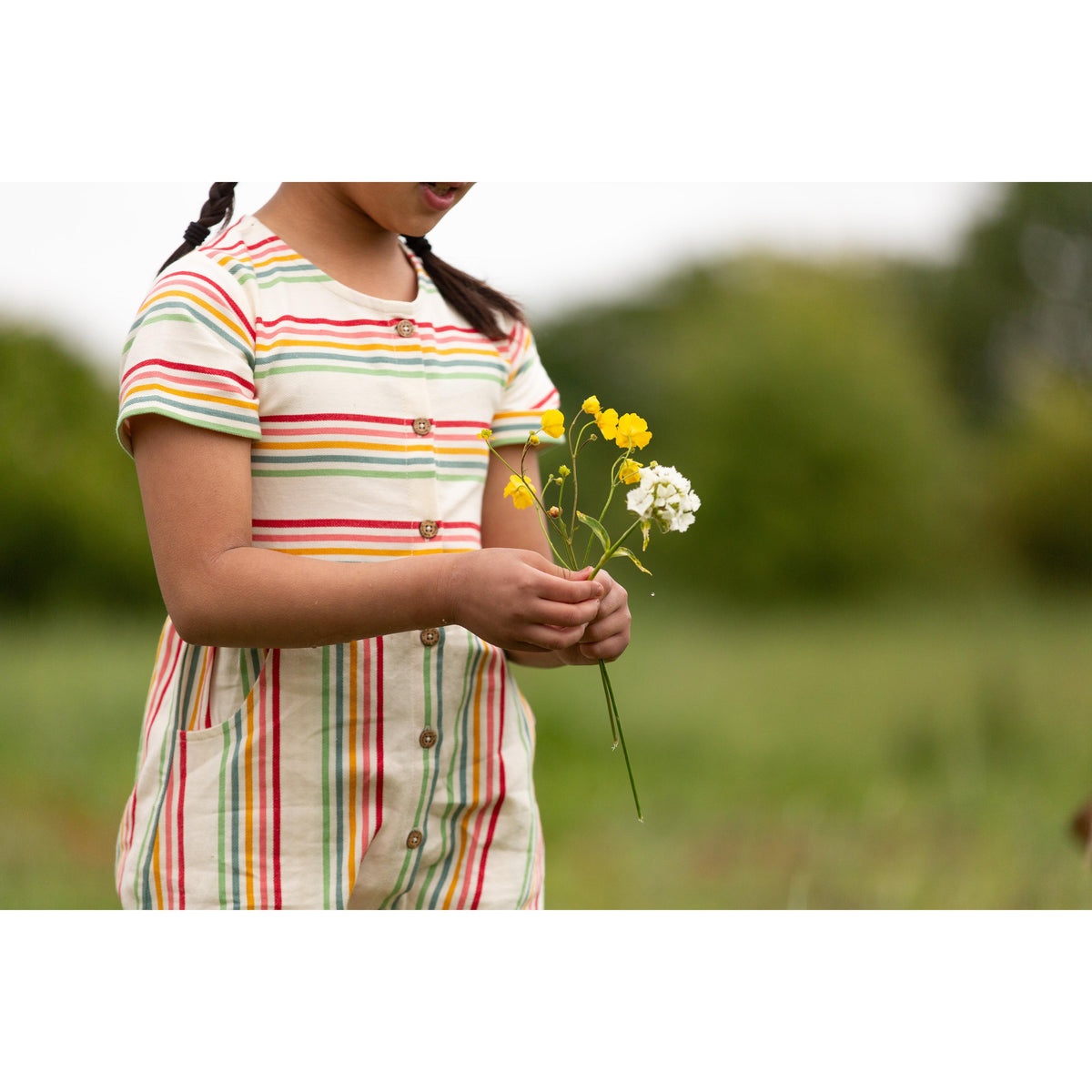 Cream Rainbow Button Through Short Sleeve Dress-Little Green Radicals-Modern Rascals