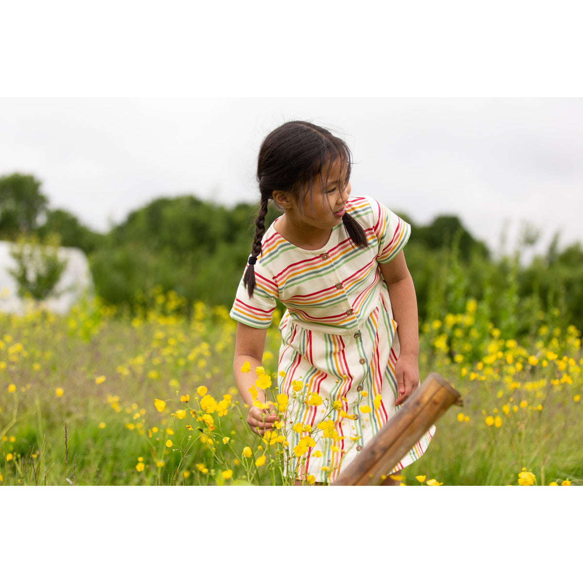 Cream Rainbow Button Through Short Sleeve Dress-Little Green Radicals-Modern Rascals