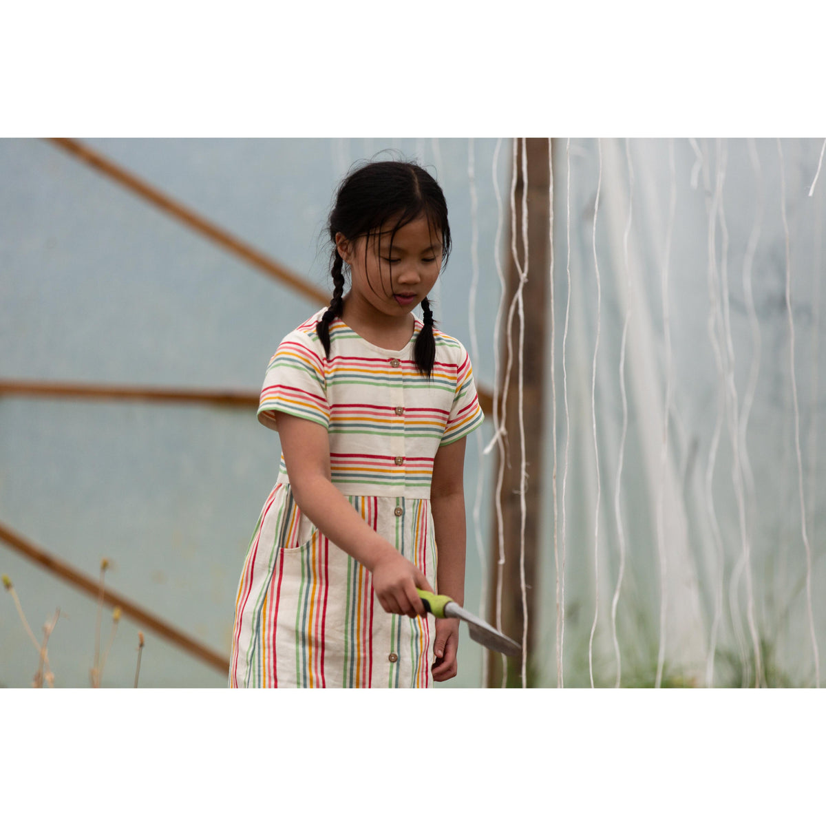 Cream Rainbow Button Through Short Sleeve Dress-Little Green Radicals-Modern Rascals
