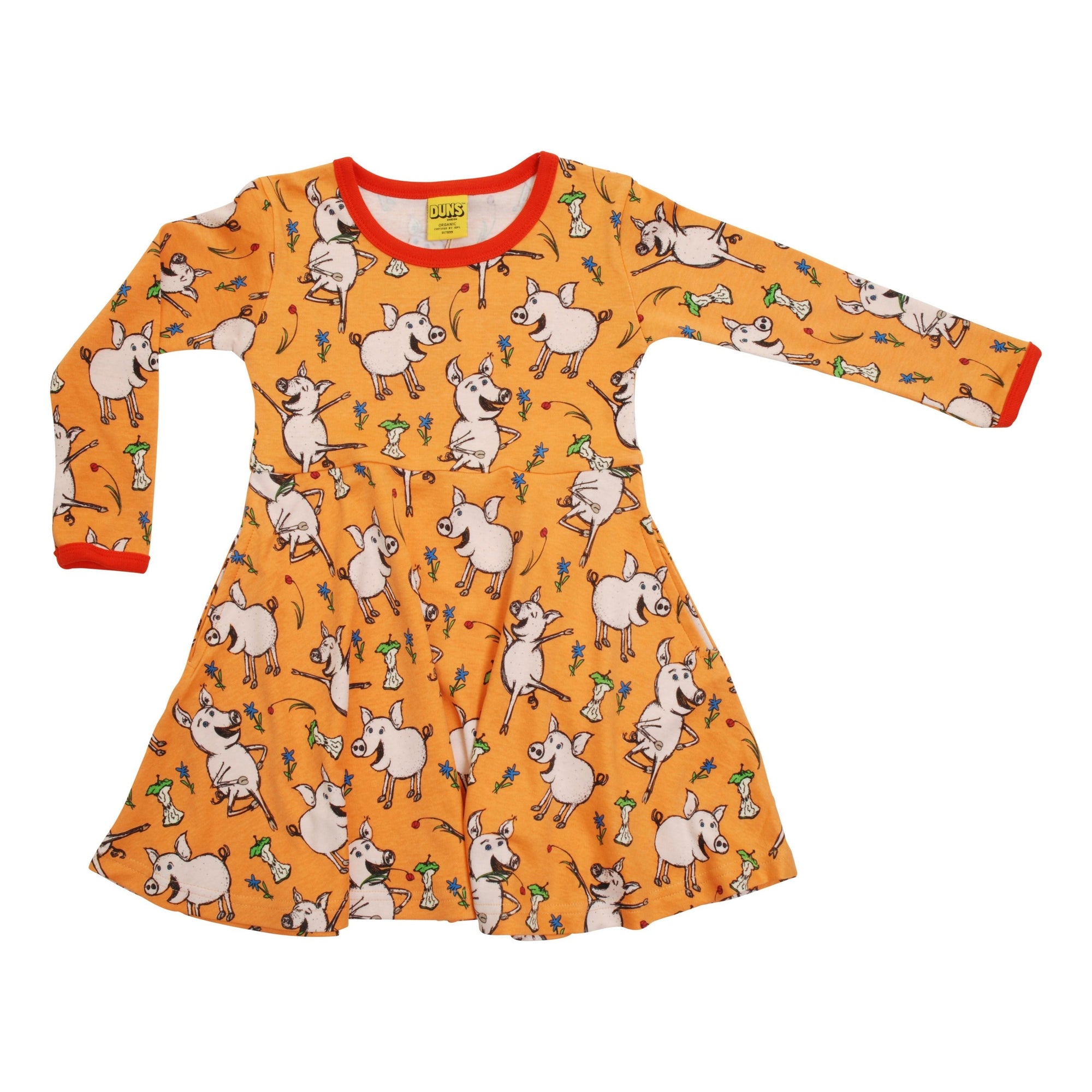 Dancing Pigs - Orange Long Sleeve Skater Dress - 2 Left Size 8-9 & 9-10 years-Duns Sweden-Modern Rascals