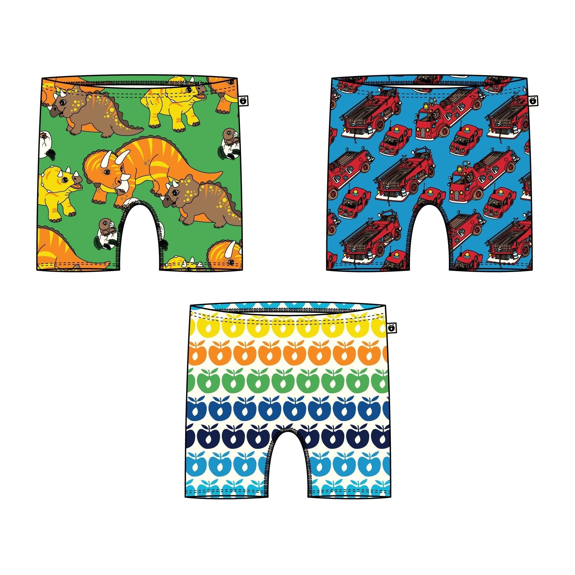 Dinosaur, Firetruck & Mini Retro Apples, 3 Pack Boxer Set - 2 Left Size 2-3 & 9-10 years-Smafolk-Modern Rascals