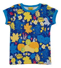 Duns Sweden Fall Flowers Blue Short Sleeve Shirt - Size 9-10 (140cm)