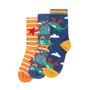 Dragon Skies Rock My Socks - 3 Pack - 1 Left Size 2-4 years-Frugi-Modern Rascals