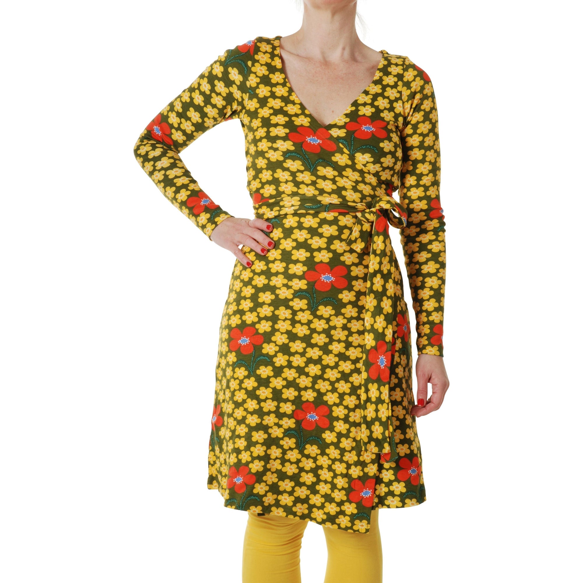 DUNS Sweden Adult's Flower - Olive Long Sleeve Wrap Dress - 1 Left Size M (runs small)-Warehouse Find-Modern Rascals