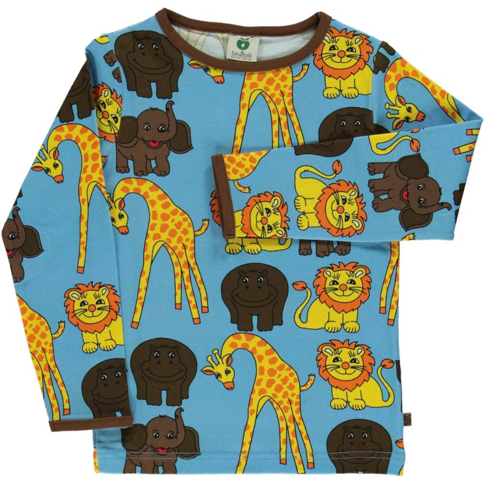 Giraffe, Lion, Hippo and Elephants Long Sleeve Shirt - Blue Grotto - 1 Left Size 11-12 years-Smafolk-Modern Rascals