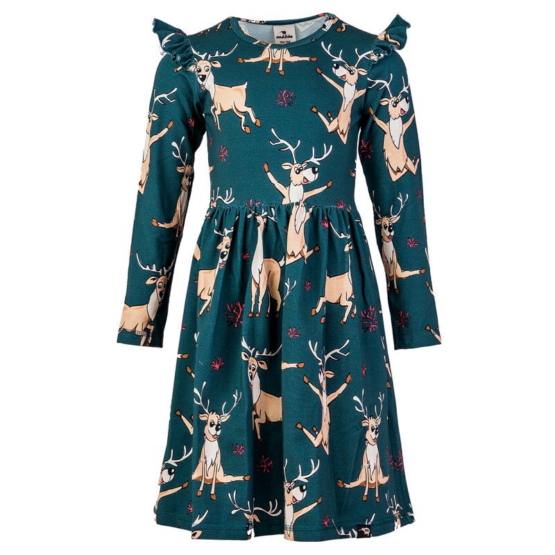 Green Reindeer Long Sleeve Dress-Mullido-Modern Rascals