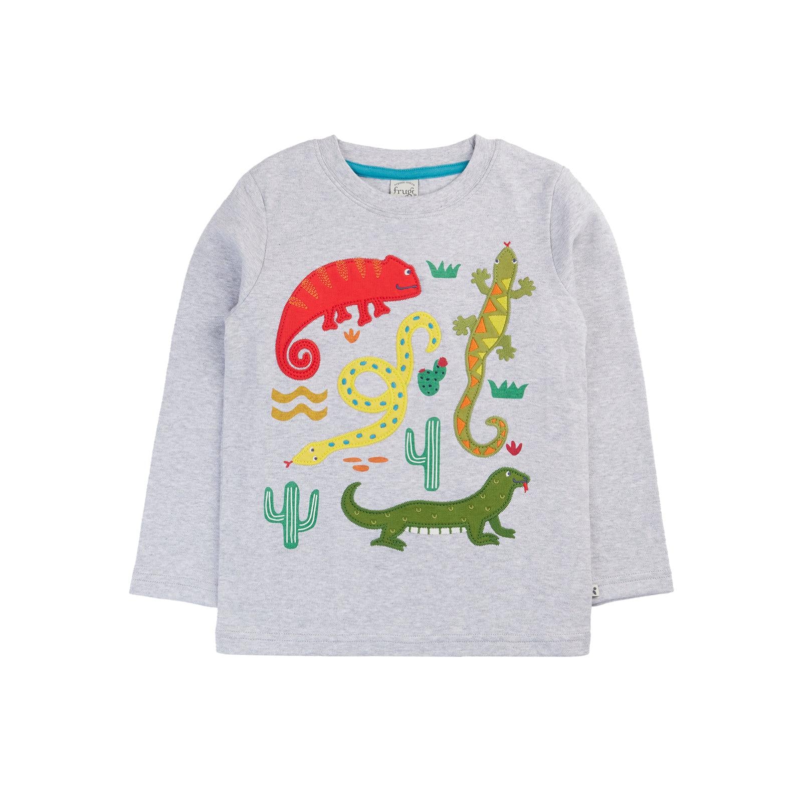 Grey Marl/Amphibians Terrific Applique Top - 2 Left Size 3-4 & 8-9 years-Frugi-Modern Rascals