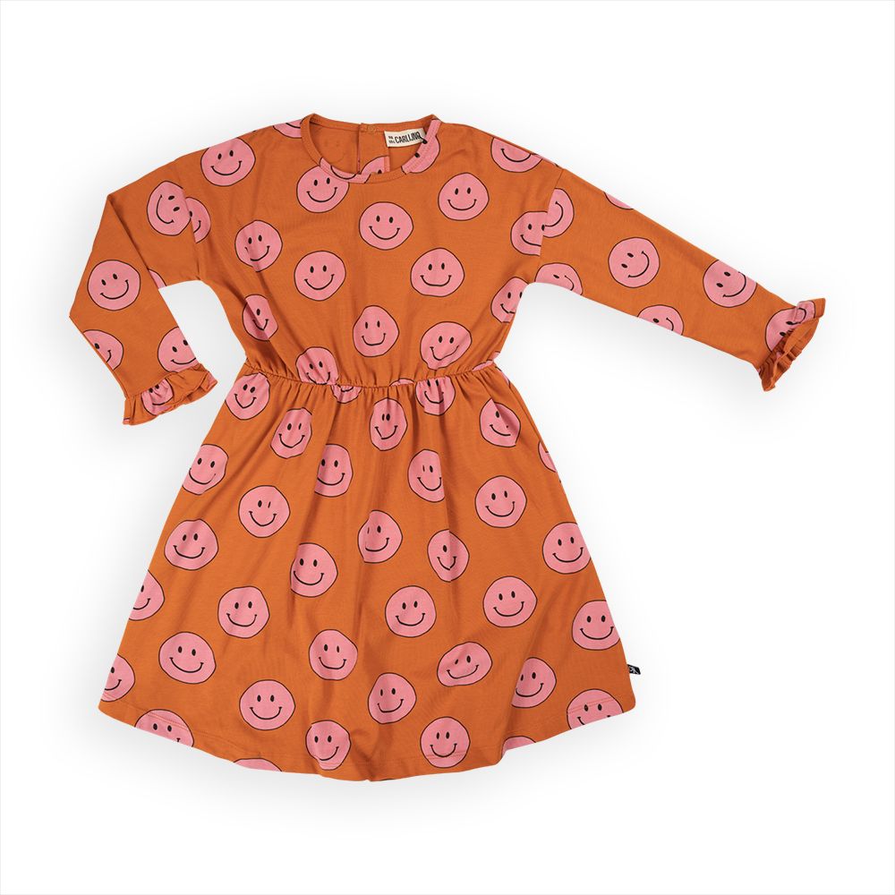 Happy Face Pink Long Sleeve Dress With Ruffles - 1 Left Size 4-6 years-CARLIJNQ-Modern Rascals