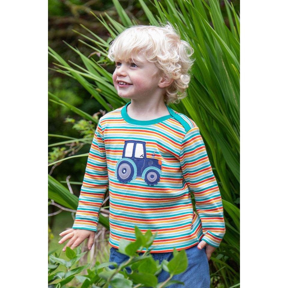 Iguana Multi-Stripe / Tractor Orion Applique Top - 1 Left Size 6-7 years-Frugi-Modern Rascals
