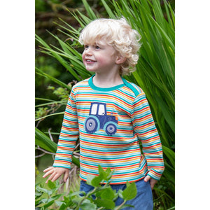 Iguana Multi-Stripe / Tractor Orion Applique Top - 1 Left Size 6-7 years-Frugi-Modern Rascals