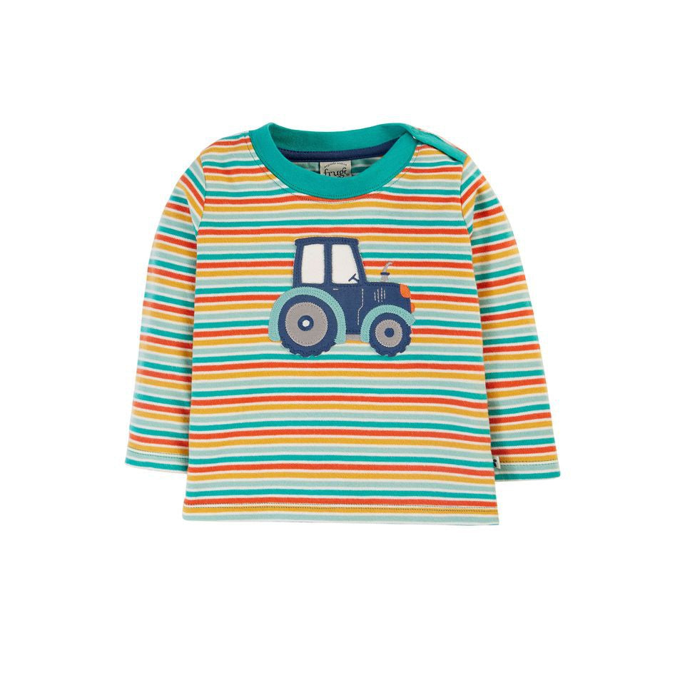 Iguana Multi-Stripe / Tractor Orion Applique Top - 1 Left Size 6-7 years-Frugi-Modern Rascals