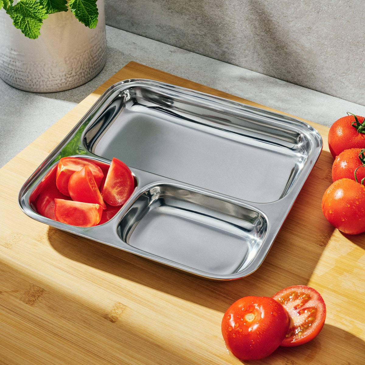 Large 3-Section Square Plate | Stainless Steel Divided Tray-Dalcini Stainless-Modern Rascals