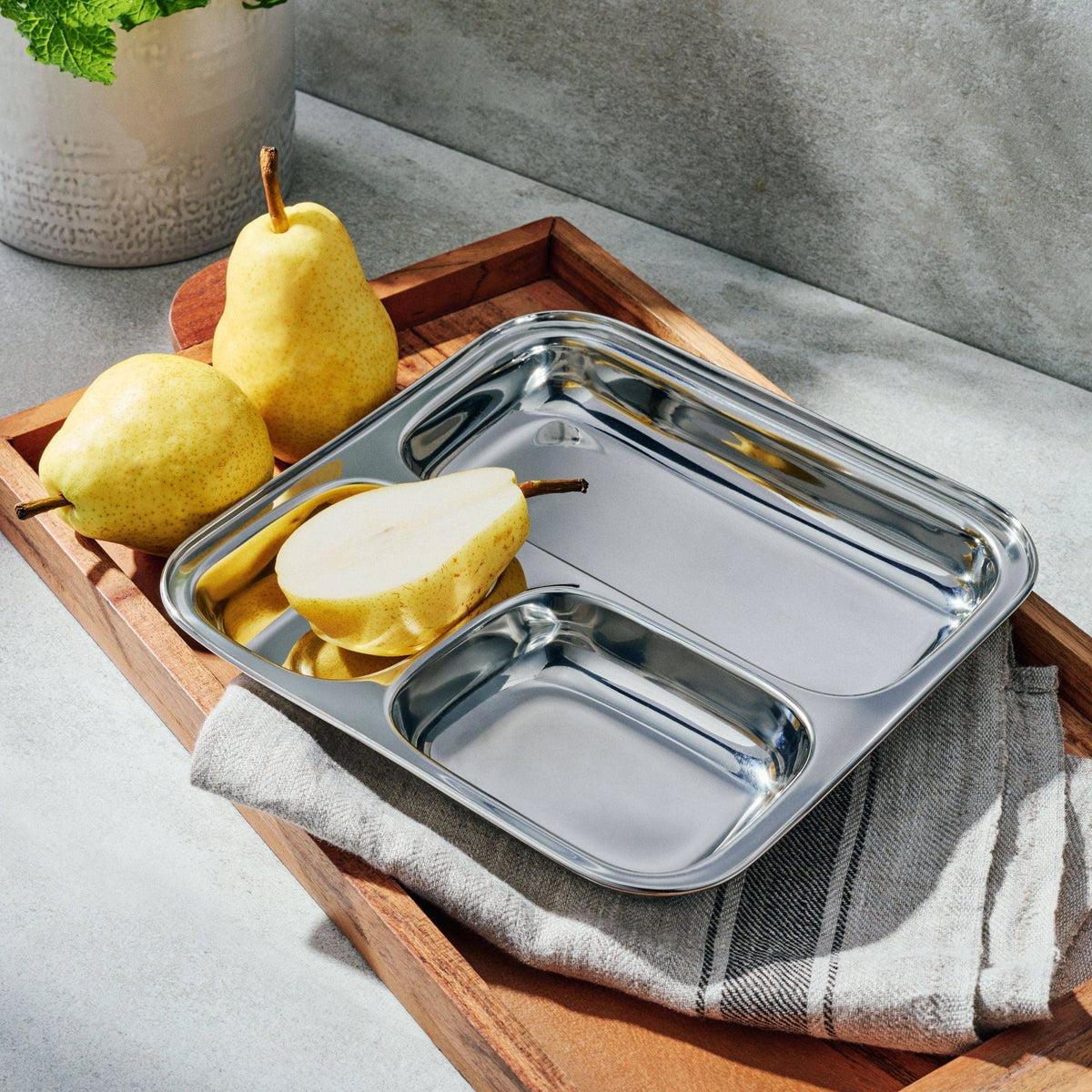 Large 3-Section Square Plate | Stainless Steel Divided Tray-Dalcini Stainless-Modern Rascals