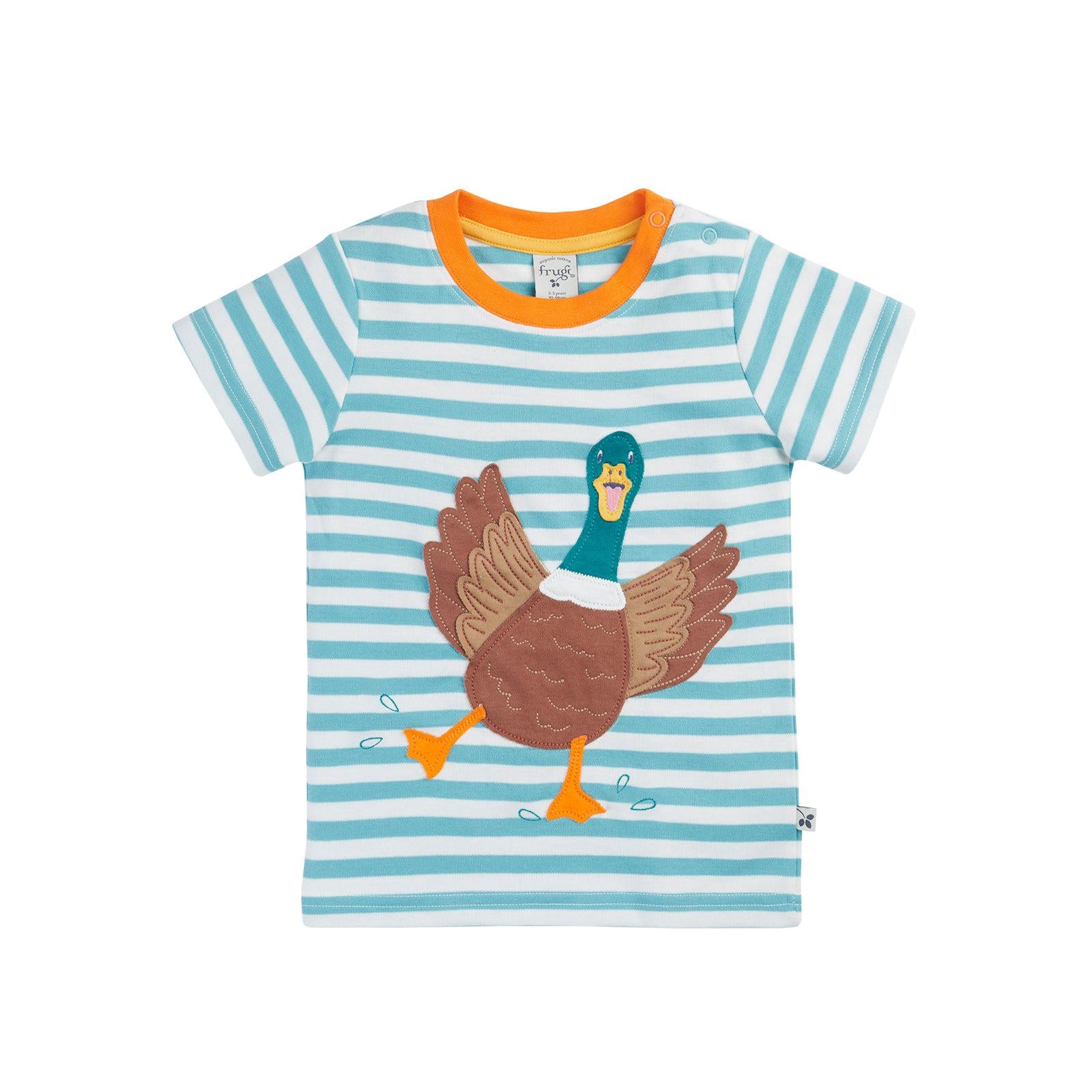 Lichen Stripe/Duck Sid Circular T-Shirt - 1 Left Size 5-6 years-Frugi-Modern Rascals