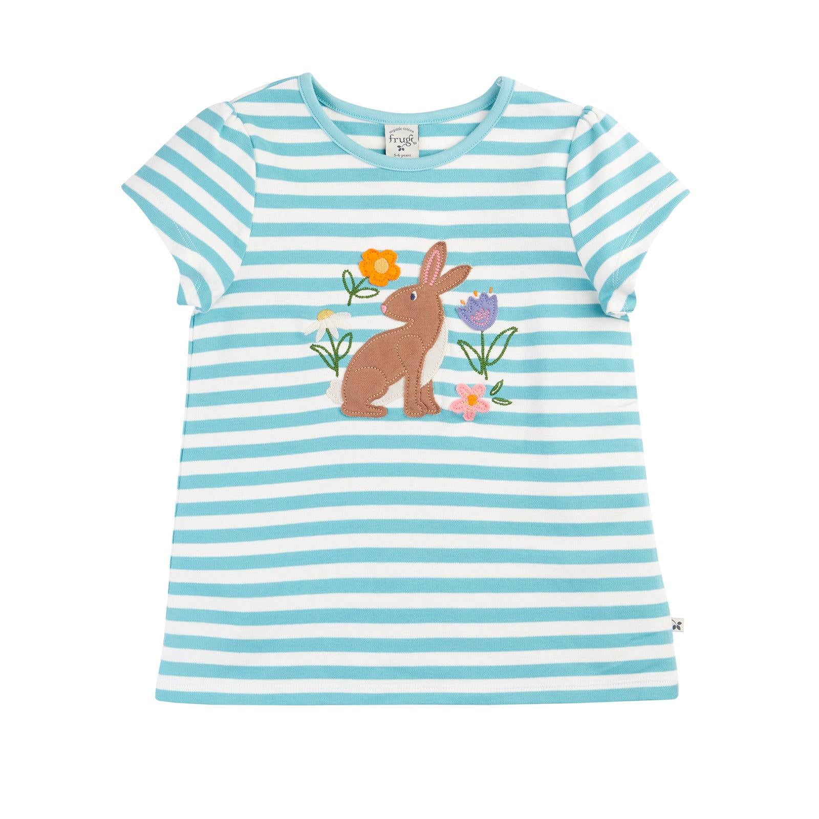 Lichen Stripe/Rabbit Lindsey T-Shirt - 1 Left Size 7-8 years-Frugi-Modern Rascals