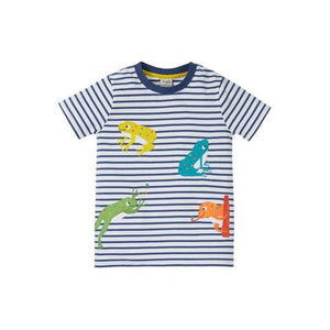 Navy Blue Stripe / Frogs Elijah Applique T-Shirt - 2 Left Size 6-7 years-Frugi-Modern Rascals