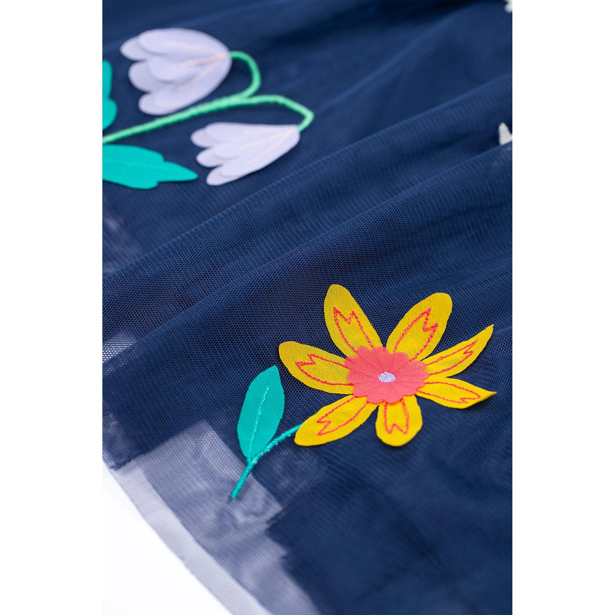 Navy Blue/Flowers Penny Applique Party Dress-Frugi-Modern Rascals