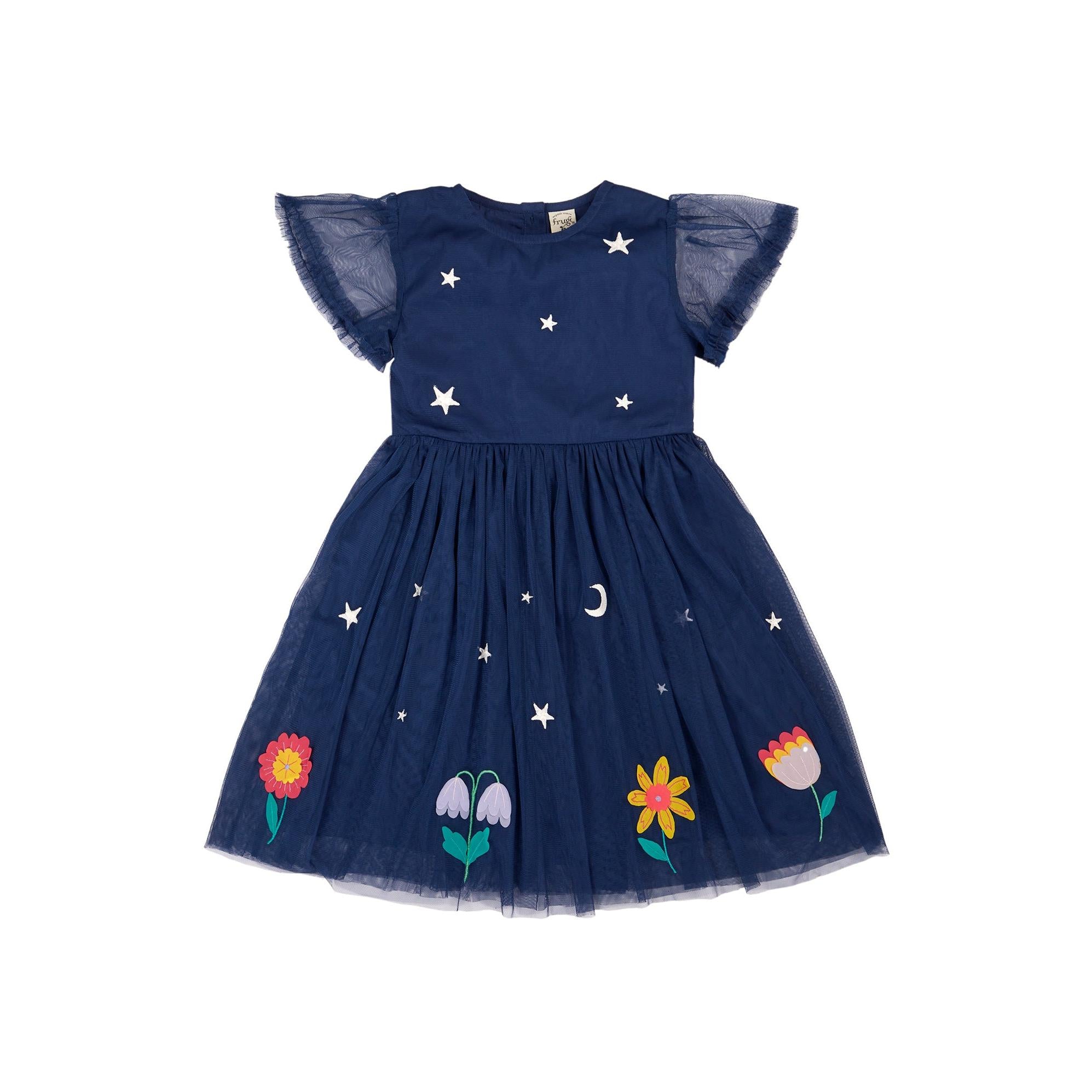 Navy Blue/Flowers Penny Applique Party Dress-Frugi-Modern Rascals