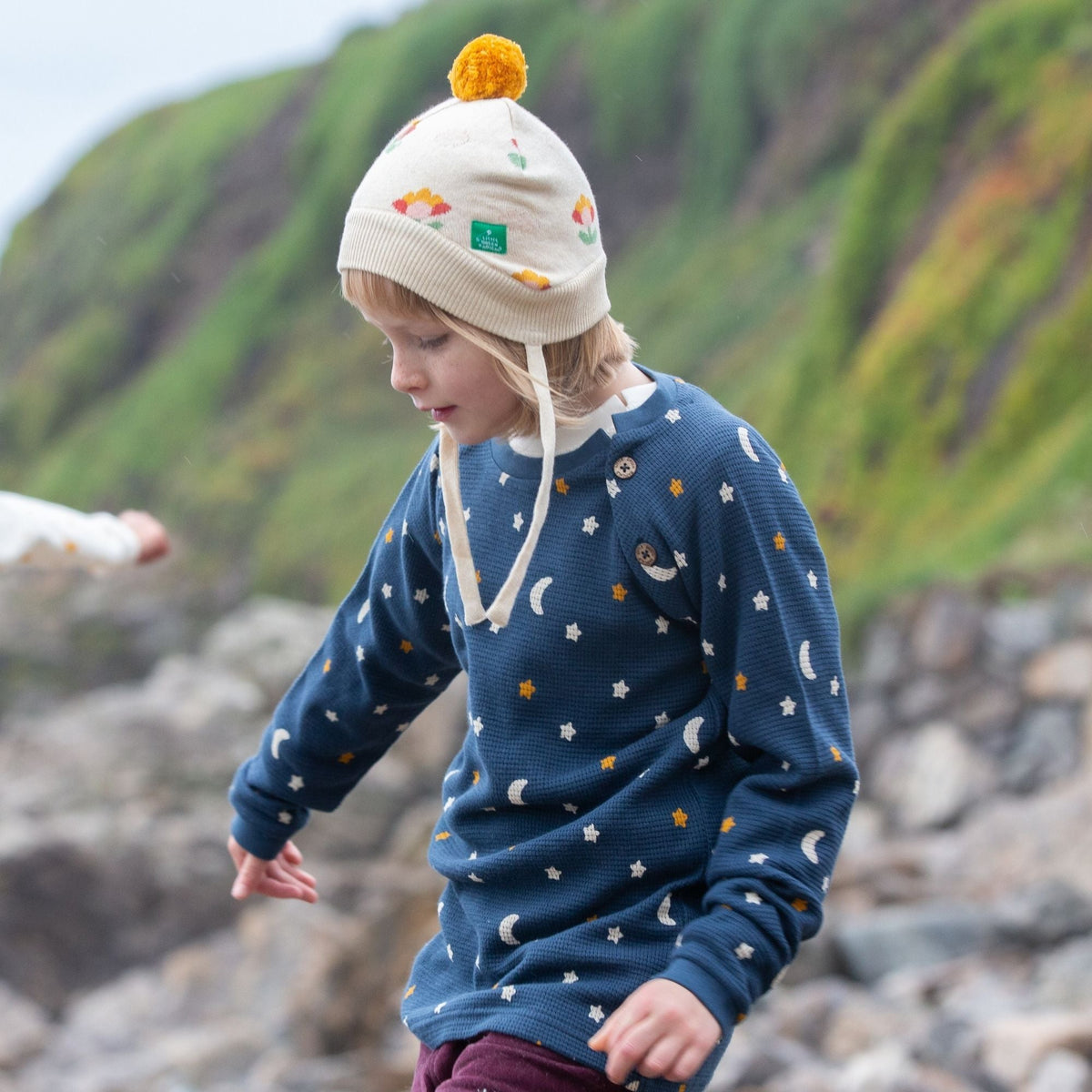 Navy Waffle Stars Long Sleeve Button Raglan Top - 1 Left Size 4-5 years-Little Green Radicals-Modern Rascals