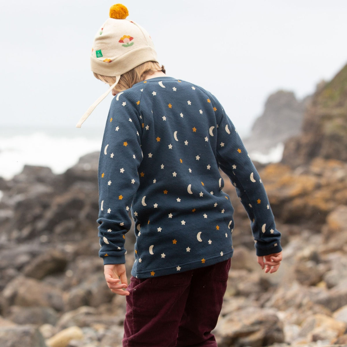 Navy Waffle Stars Long Sleeve Button Raglan Top - 1 Left Size 4-5 years-Little Green Radicals-Modern Rascals