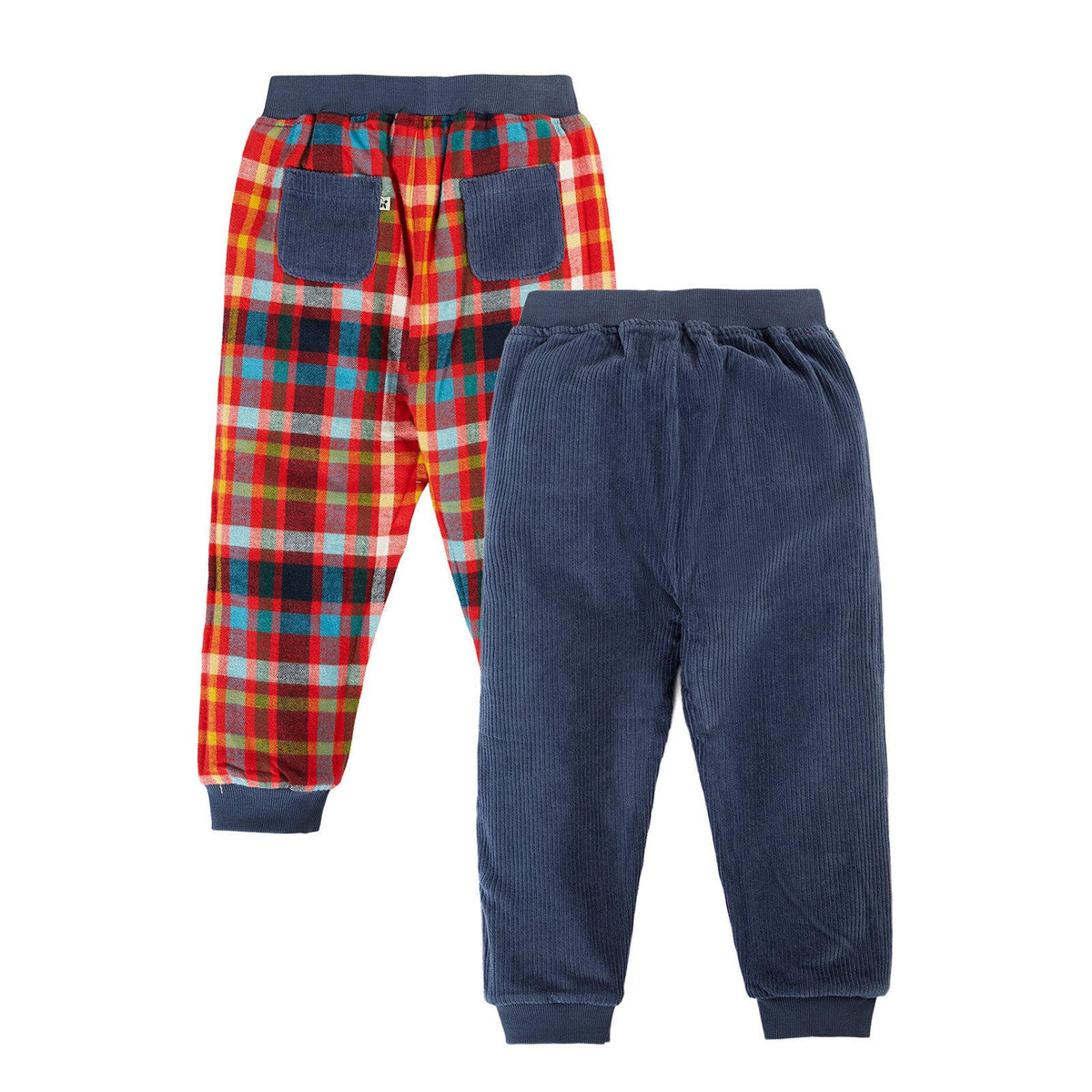 Navy/Festive Check Ronnie Reversible Pull Up Pants-Frugi-Modern Rascals