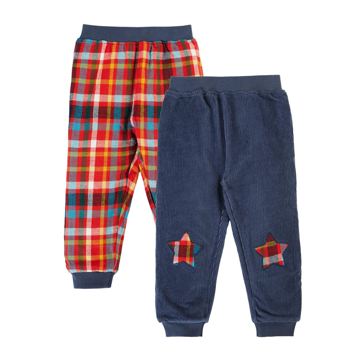 Navy/Festive Check Ronnie Reversible Pull Up Pants-Frugi-Modern Rascals