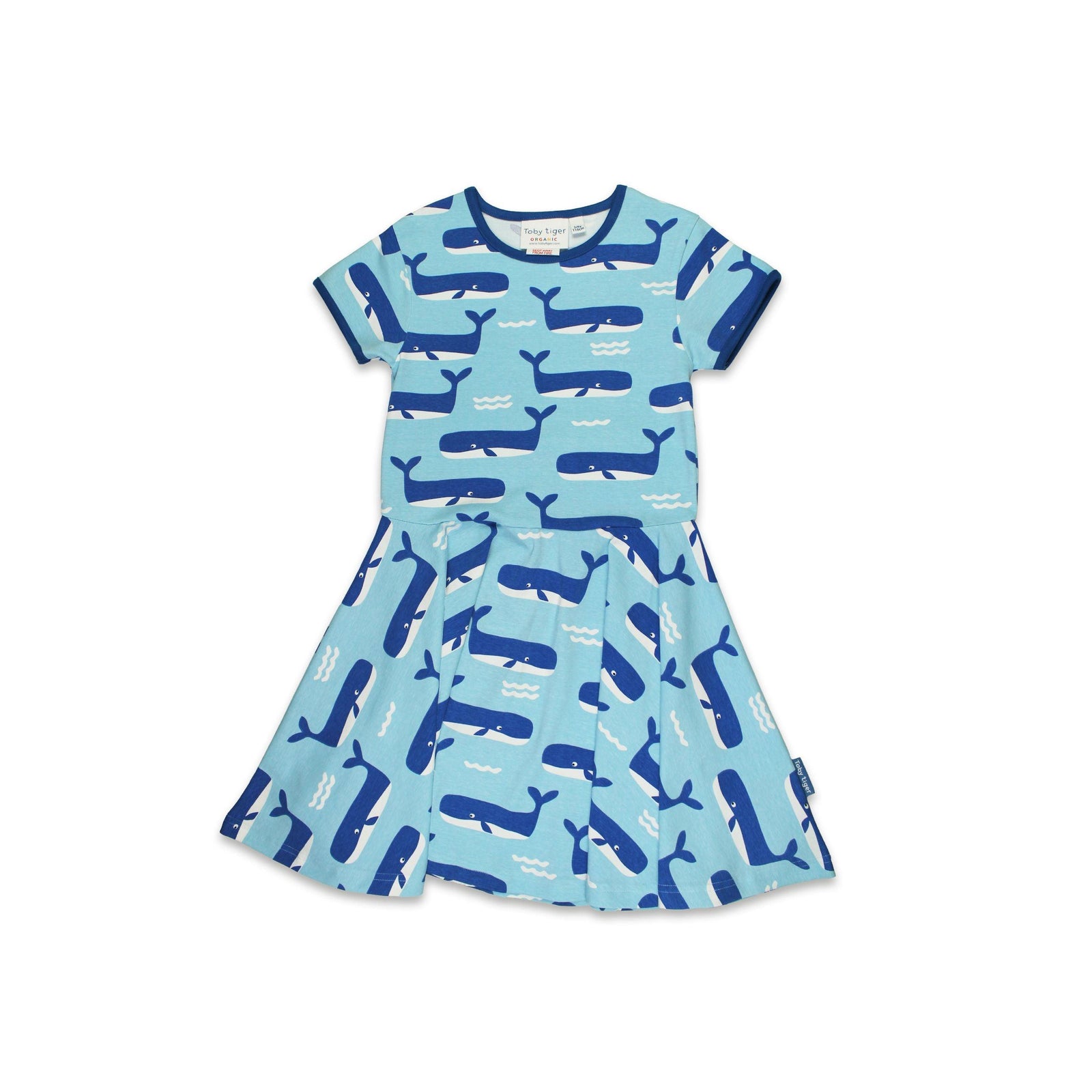 Organic Whale Waves Print Short Sleeved Skater Dress-Toby Tiger-Modern Rascals