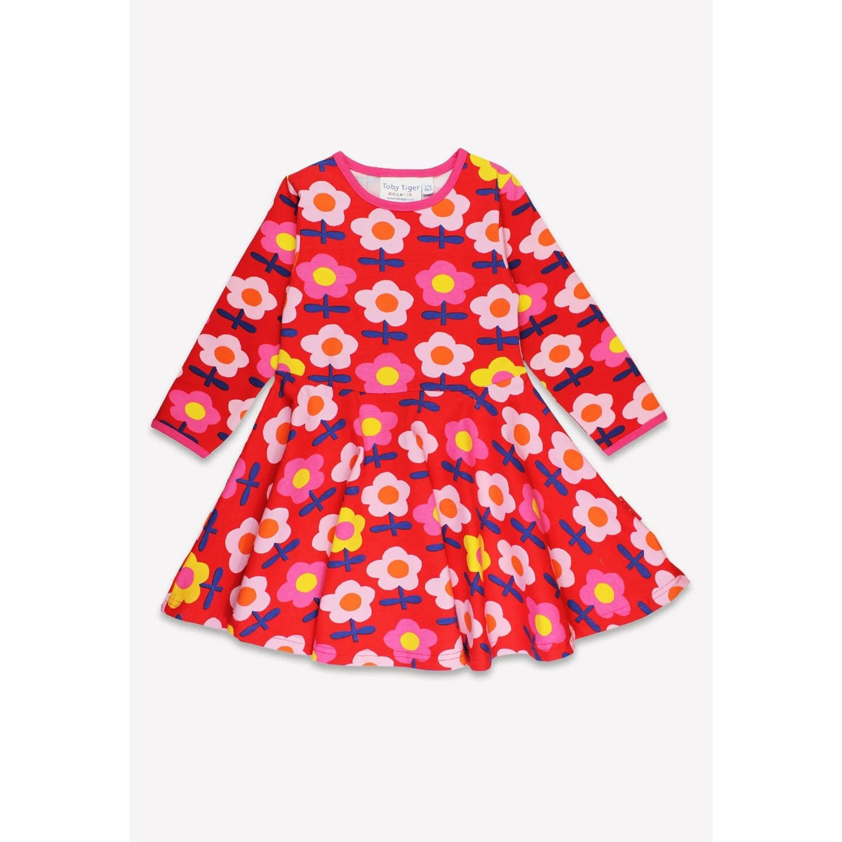 Pink Flower Print Long Sleeved Skater Dress - 1 Left Size 4-5 years-Toby Tiger-Modern Rascals