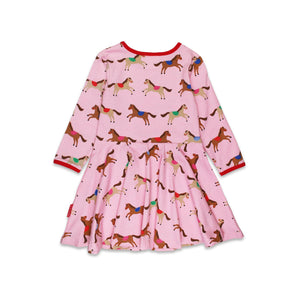 Pink Horse And Pony Print Long Sleeved Skater Dress-Toby Tiger-Modern Rascals