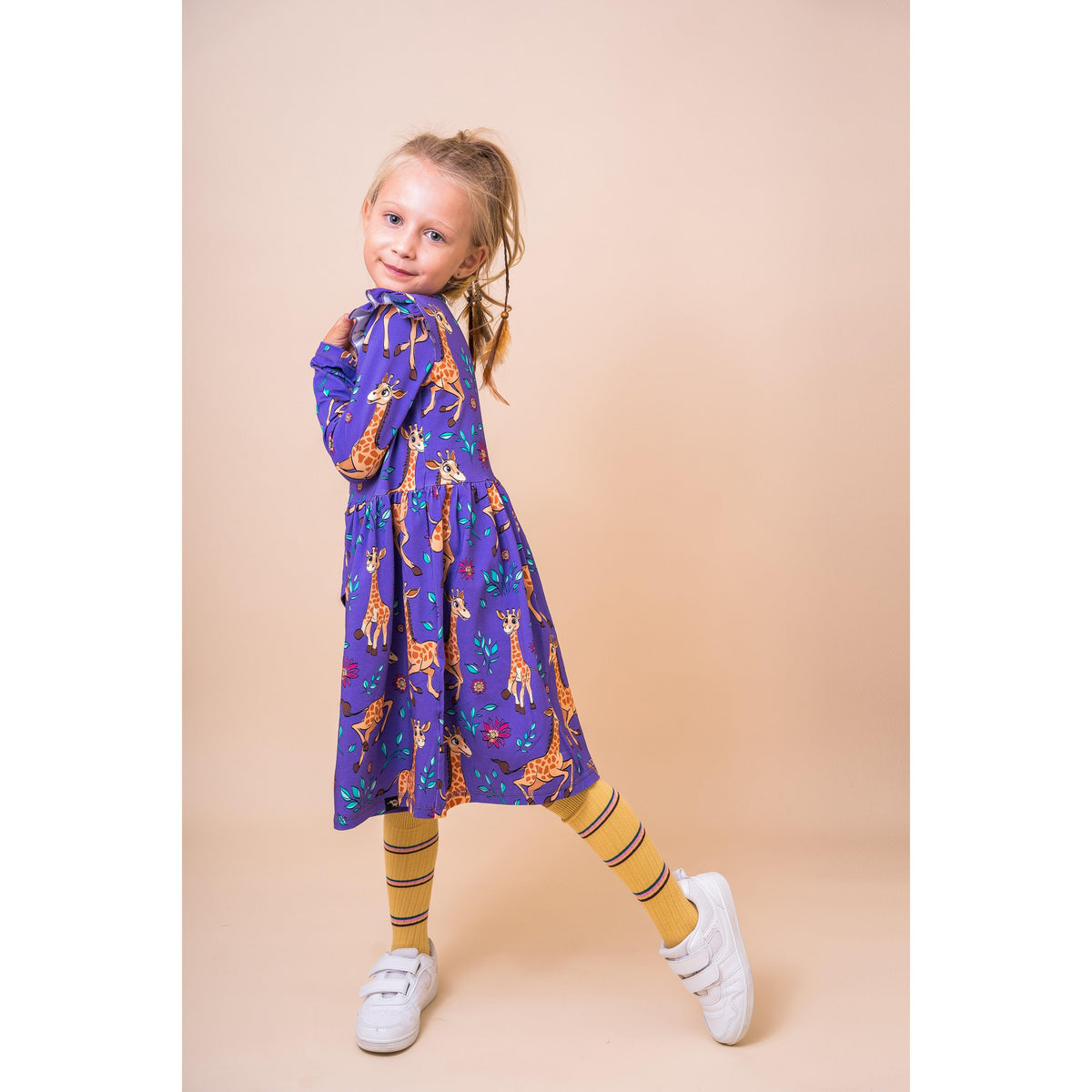 Purple Giraffes Long Sleeve Dress - 1 Left Size 8-10 years-Mullido-Modern Rascals